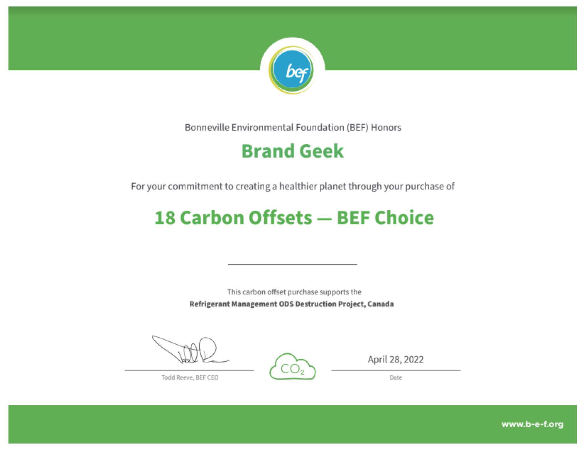 18 Carbon Offsets Certificate